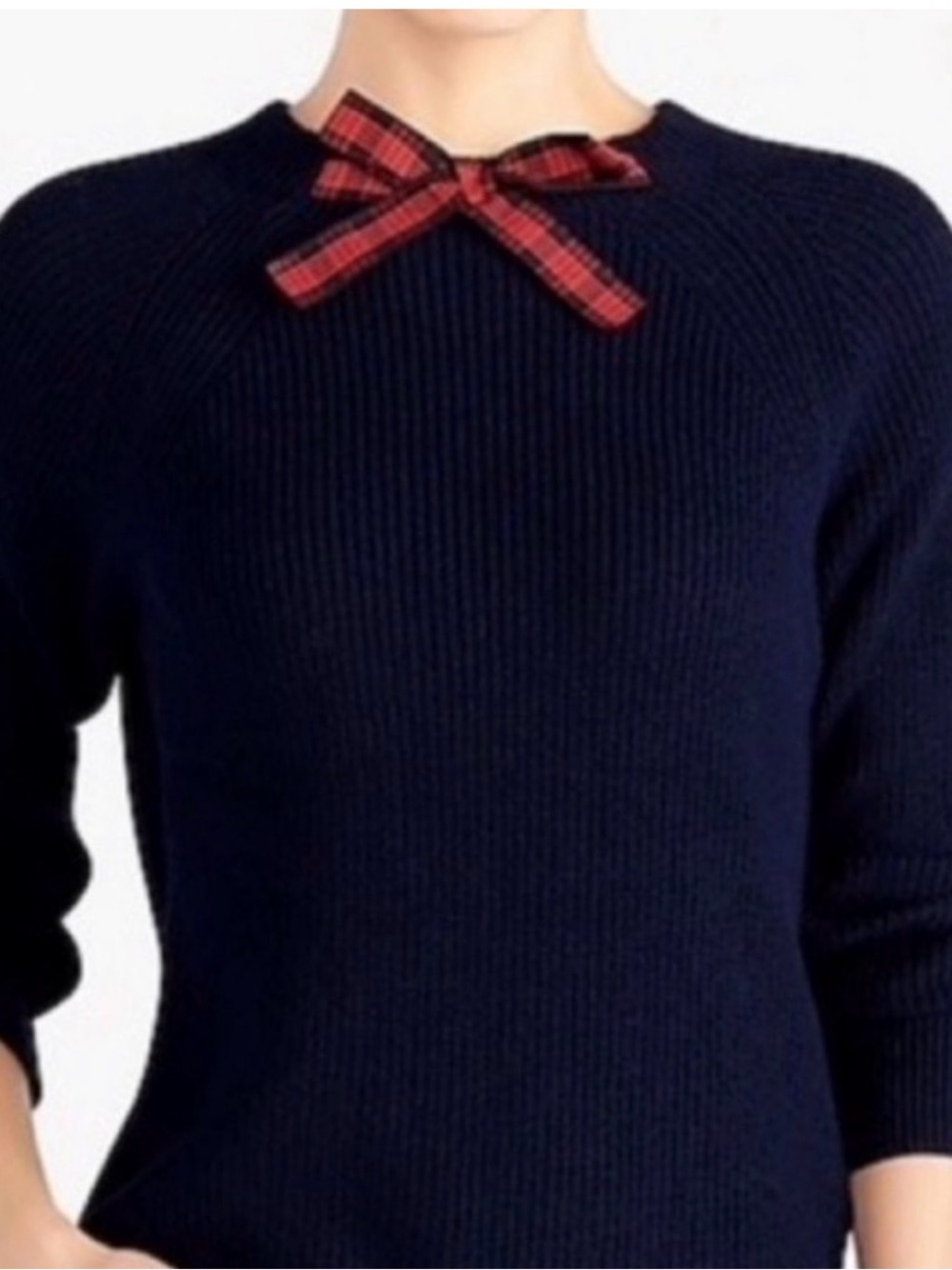 J Crew Knit Sweater with Red Plaid Bow